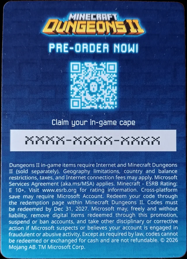 Back of the Corrupted Creeper cape promo card with its code panel and QR section